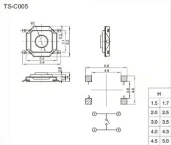 SMD 5.2x5.2 mm tactile switch, instant microswitch