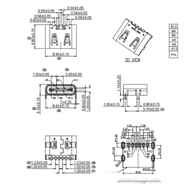 USB Type-C 6-pin SMT interface, 3A, metal, surface mount, 5V, compatible with 5G smart phone.