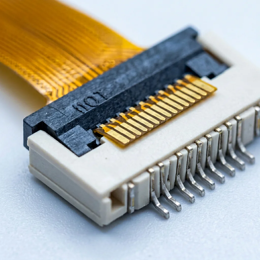 Corner joint FFC/FPC 0.5 mm (0.5 mm corner joint) gasket type, 10 pins, lower contact, used for surface mounting, used for flat flexible electronics products.