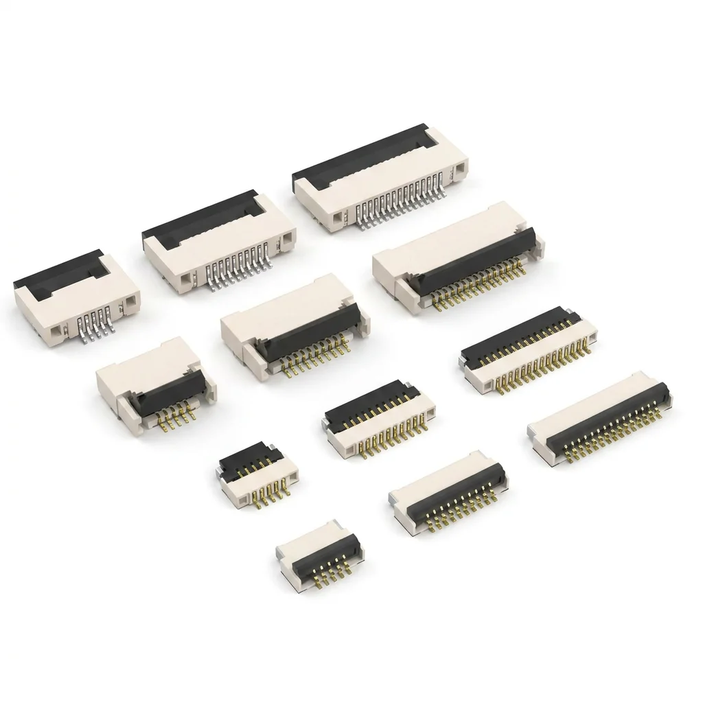 FPC connector with spacing of 0.5 mm/1.0 mm, retractable, top/bottom contact, FFC flat cable socket.