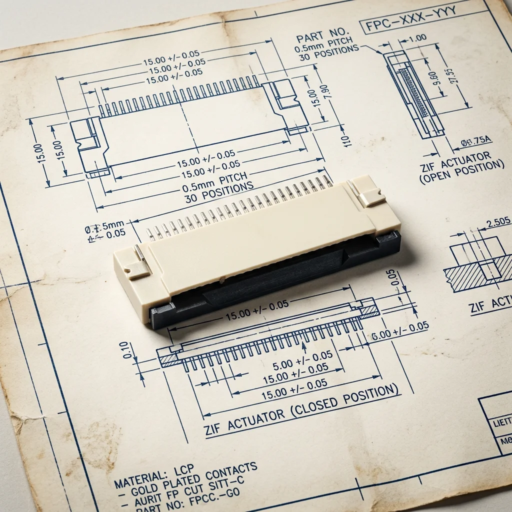 Universal and flexible 0.5 mm FPC flat cable with 24 contacts and printed board connector, available.