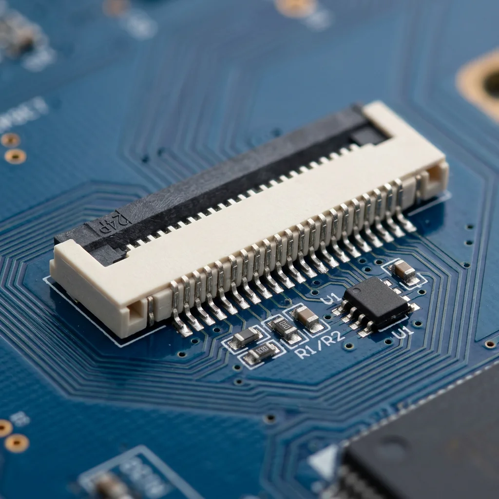 Universal and flexible 0.5 mm FPC flat cable with 24 contacts and printed board connector, available.