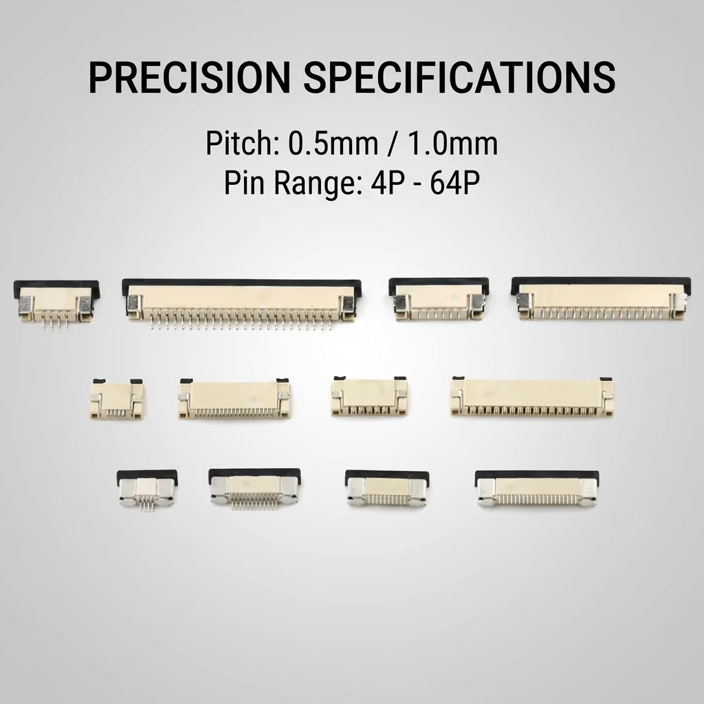 FPC/FFC plug, spacing of 1.0mm, pop-up/elastic connection, 4-64 pins, 1.0mm.
