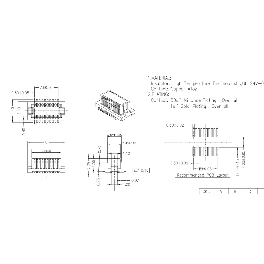 Double-row BTB connectors (male/female) with a spacing of 0.5 mm are used for PCB connection.