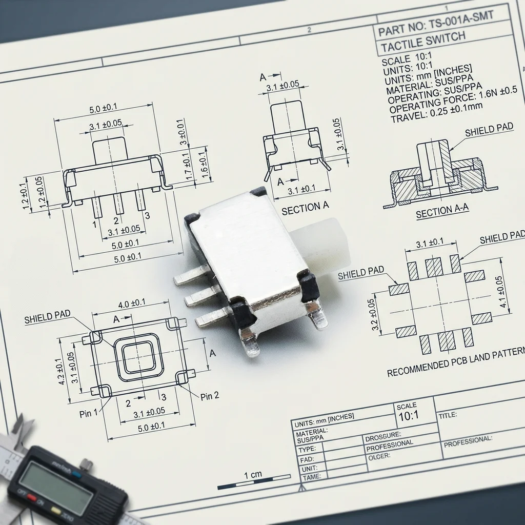 Micro slide switch 1P2T MSK12C03 with white handle, 7 pins, height 1.50mm, maximum voltage 12V.