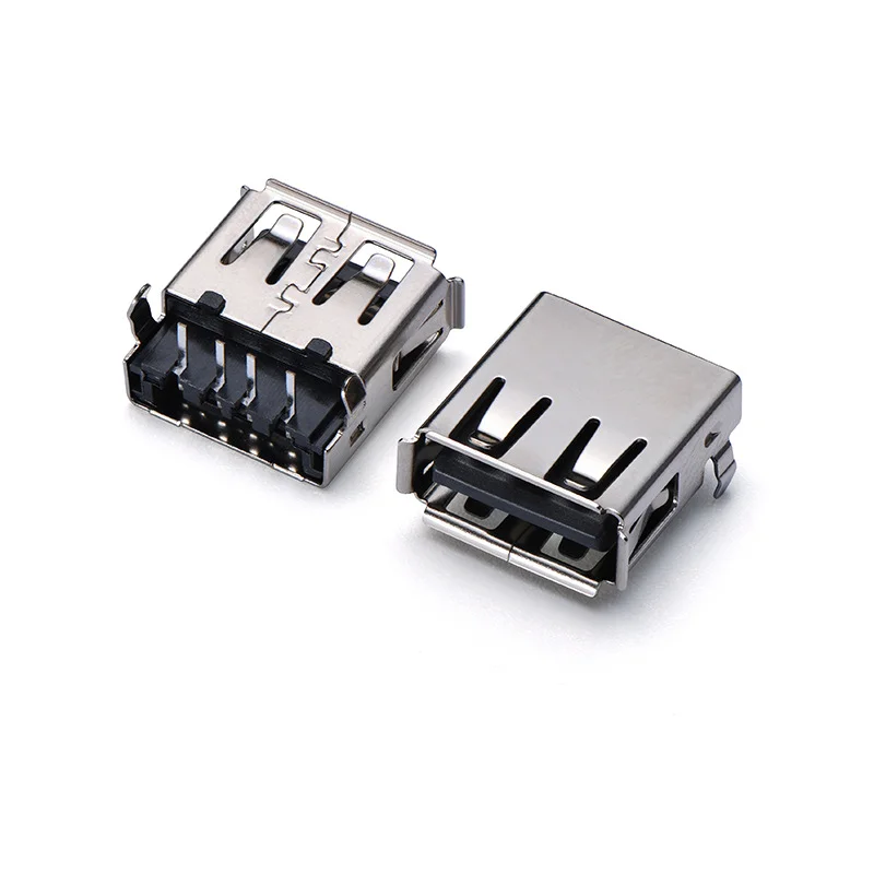 USB 2.0 AF A interface, vertical, 180 degrees, 4 pins, nested, black plastic, 1000V AC, suitable for printing board/charger.