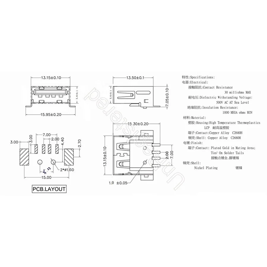 Standard USB right-angle socket 4P contact 1 port