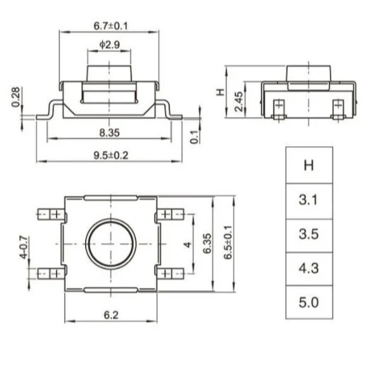 SMT 12V temperature-resistant button switch, 4 contacts, various specifications, used for control system (category: switch).