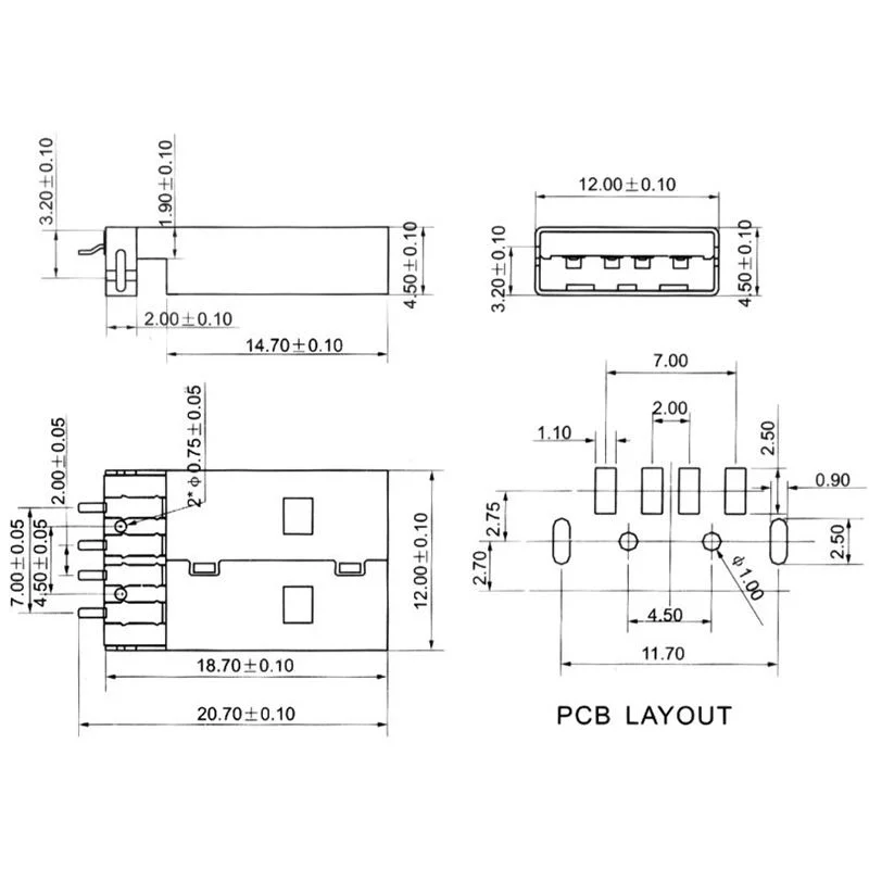 USB 2.0 Type A plug, 180-degree SMT AM plug, 4-pin copper and metal USB connector, used for computer data cable.