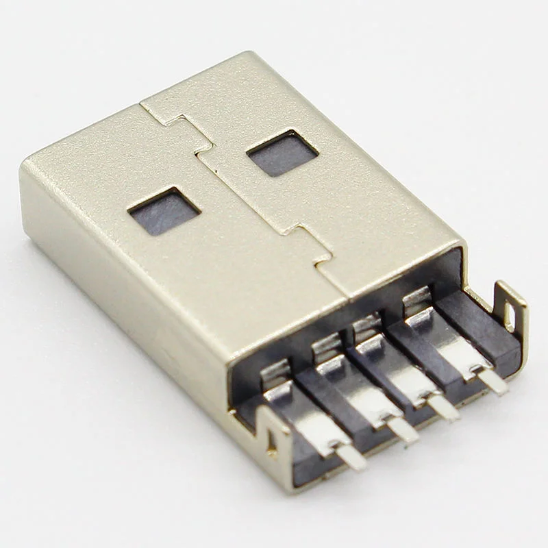USB 2.0 Type A plug, 180-degree SMT AM plug, 4-pin copper and metal USB connector, used for computer data cable.