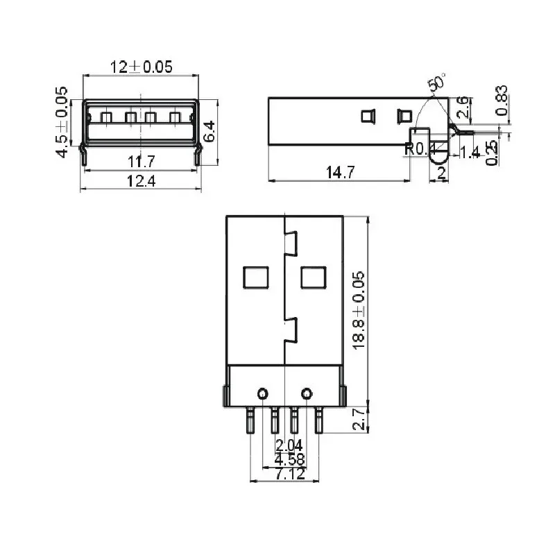 USB 2.0 plug type USB PCB 180 degree SMT USB plug 4 pin SMD