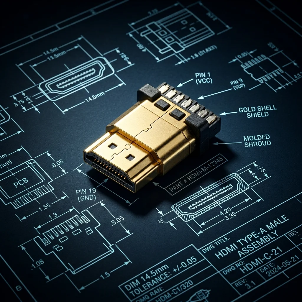 HDMI (HDMI) 20-pin plug for audio and video signals.