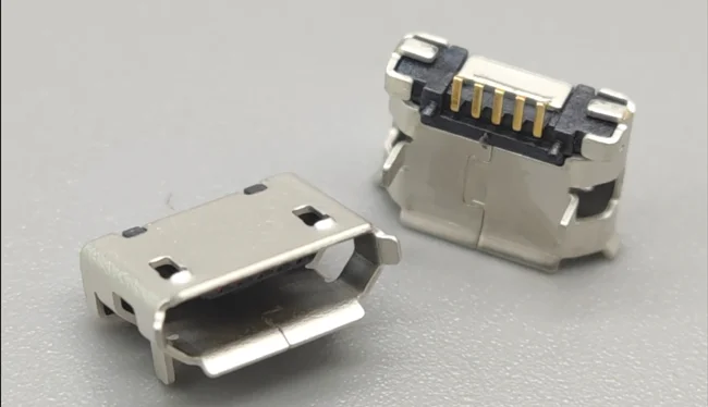 5-pin Micro USB Type B (fuel) plug, direct, surface mount (SMD/SMT) and embedded mount (DIP), for charging.