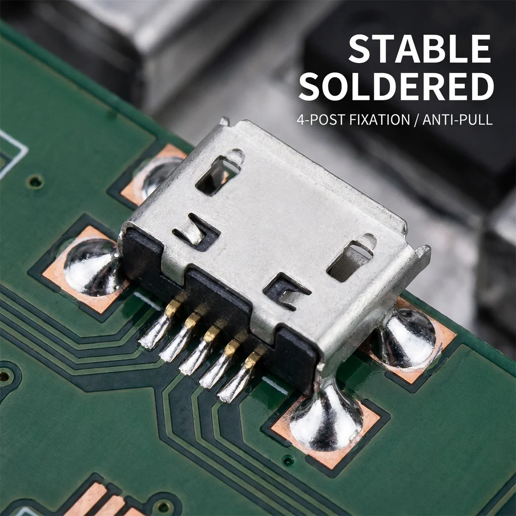 5-pin Micro USB Type B (fuel) plug, direct, surface mount (SMD/SMT) and embedded mount (DIP), for charging.
