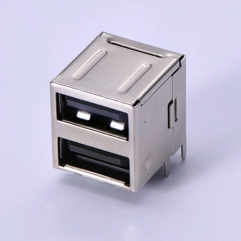 Dual-port USB 2.0 Type-A 8-pin interface (jet), with angle DIP installation, suitable for computer components.