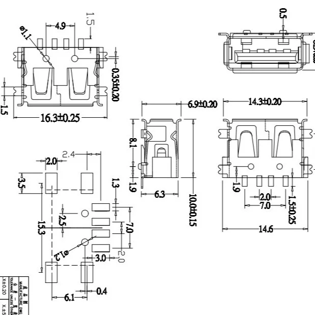 4-pin short-circuit slot, landscape, surface mount (SMT),USB slot