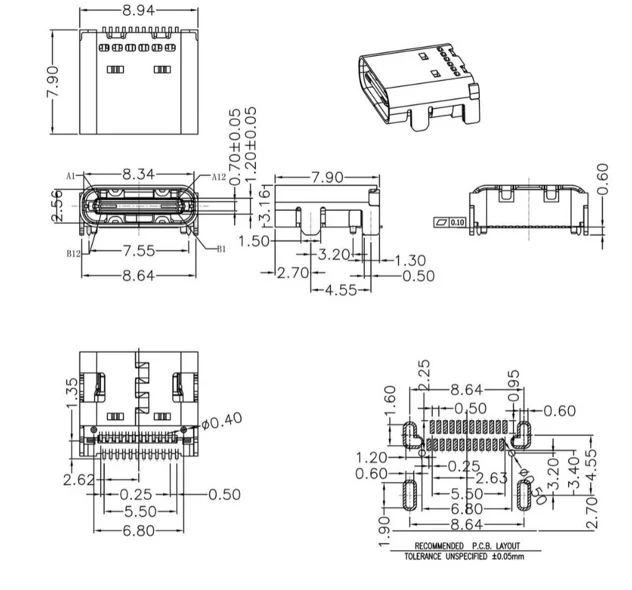 USB Type-C (fuel) 16-pin, angle, surface mount (DIP/SMT)