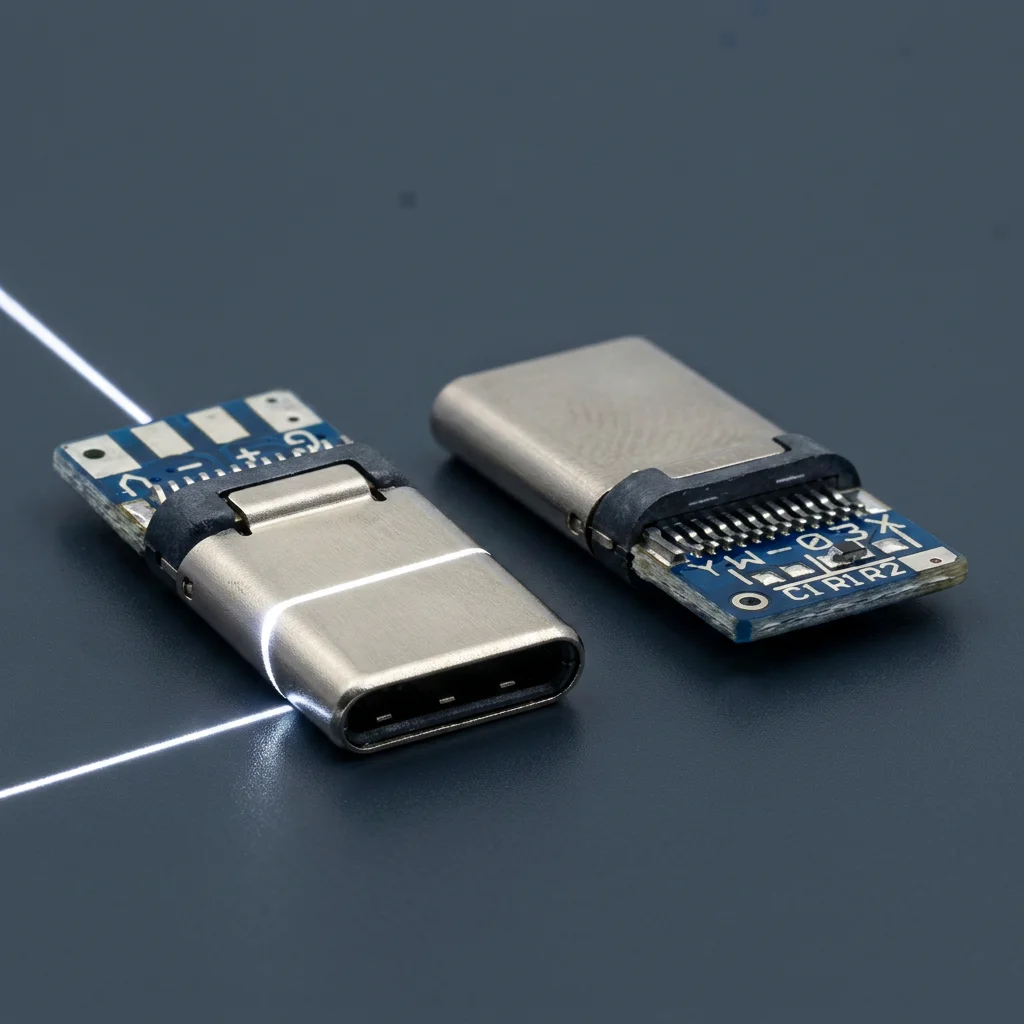 High-performance machine tool for producing mobile cables with USB Type-C multicolor connectors.
