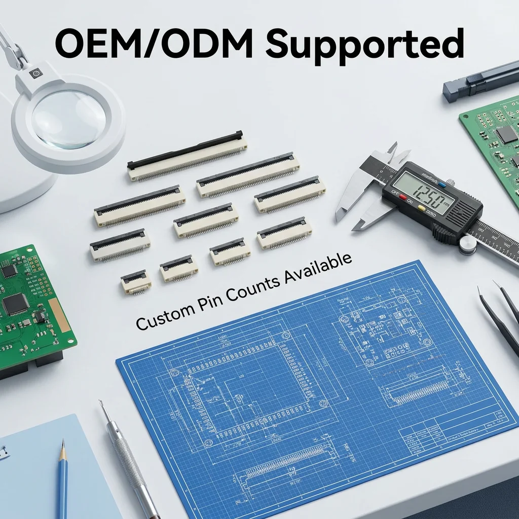 0.5 mm FPC horizontal SMT plug, 4-60 pins, ZIF connector, upper/lower double contacts, used for FFC flexible flat cable.