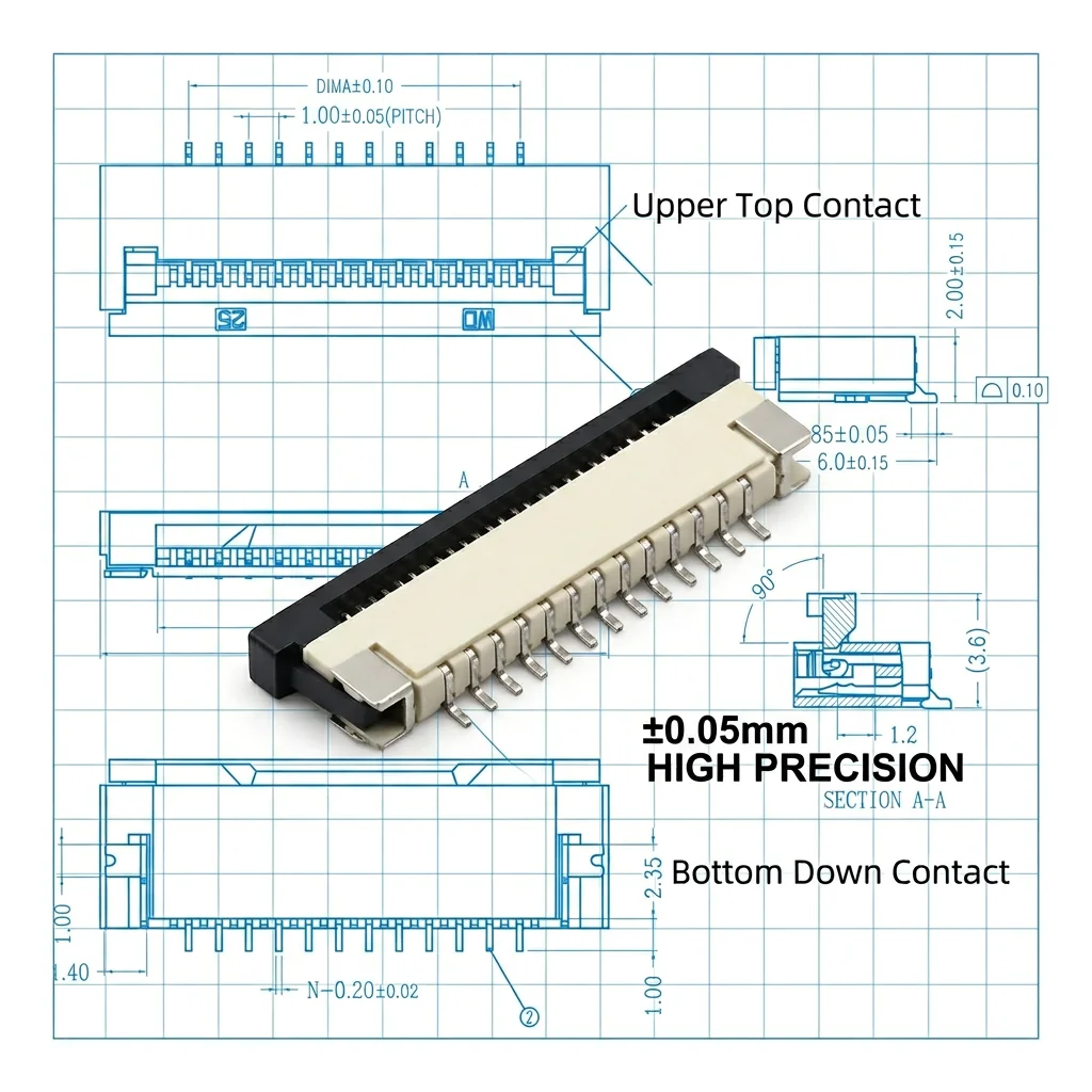 FPC connector, 1.0mm per order, factory wholesale, ZIF Flip-lock type, suitable for mobile phones and GPS devices.