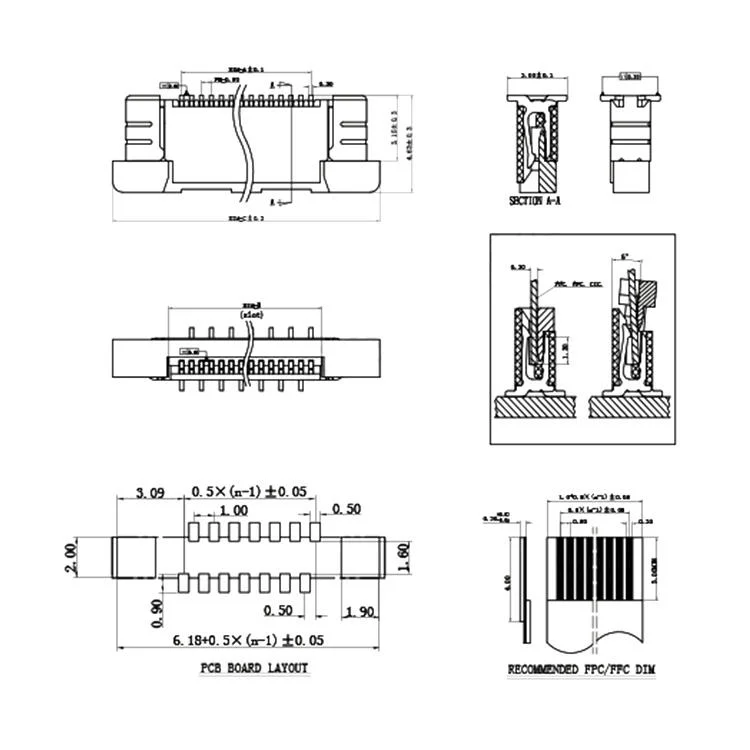 Dual-channel ZIF SMT SMD FFC/FPC slot 0.5 mm 4-50 dual-channel electronic soft slot 16-60 Pin ZIF SMT SMD FPC slot