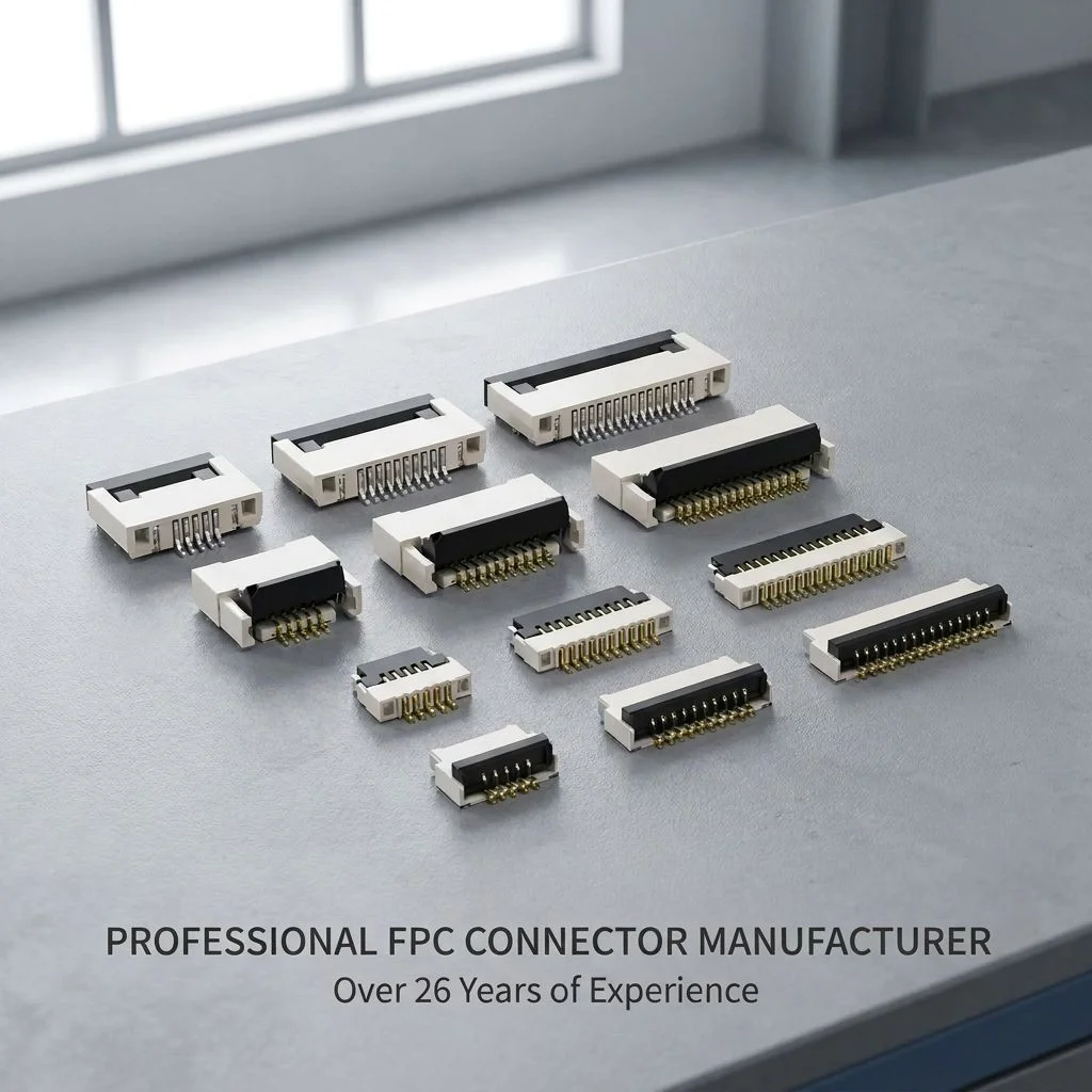 FPC connector, with spacing of 1.0 mm, 4-40 pins, horizontal, SMT type, with Flip-lock fixing, used for FFC/FPC cable, with spacing of 1.0 mm.