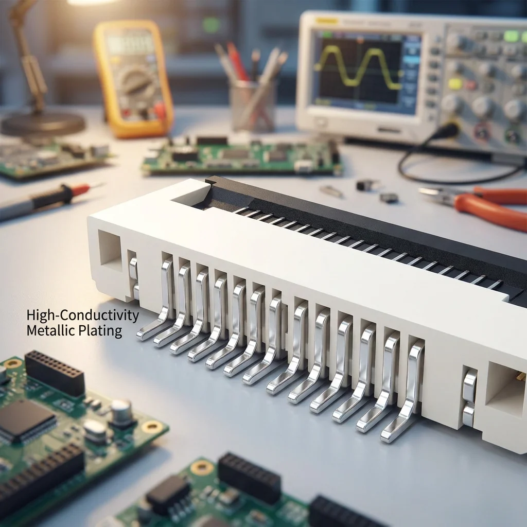 FPC connector, with spacing of 1.0 mm, 4-40 pins, horizontal, SMT type, with Flip-lock fixing, used for FFC/FPC cable, with spacing of 1.0 mm.