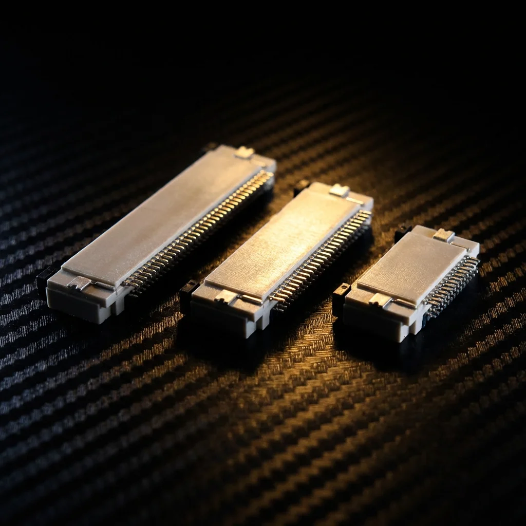 FPC connector, with spacing of 1.0 mm, 4-40 pins, horizontal, SMT type, with Flip-lock fixing, used for FFC/FPC cable, with spacing of 1.0 mm.