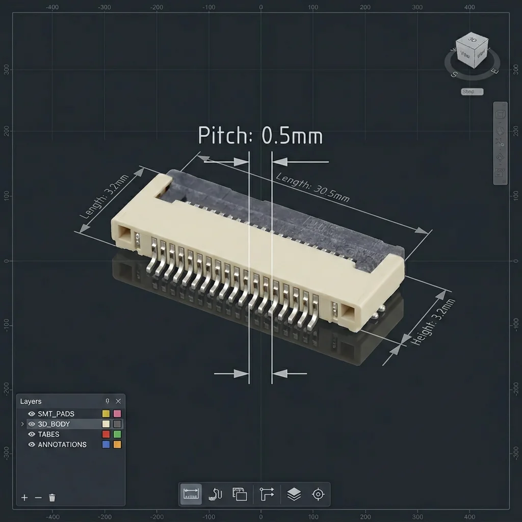 0.5 mm FPC plug, horizontal, SMT,Flip-lock type, upper/lower contacts, 20 pins, 0.5mm FPC plug.