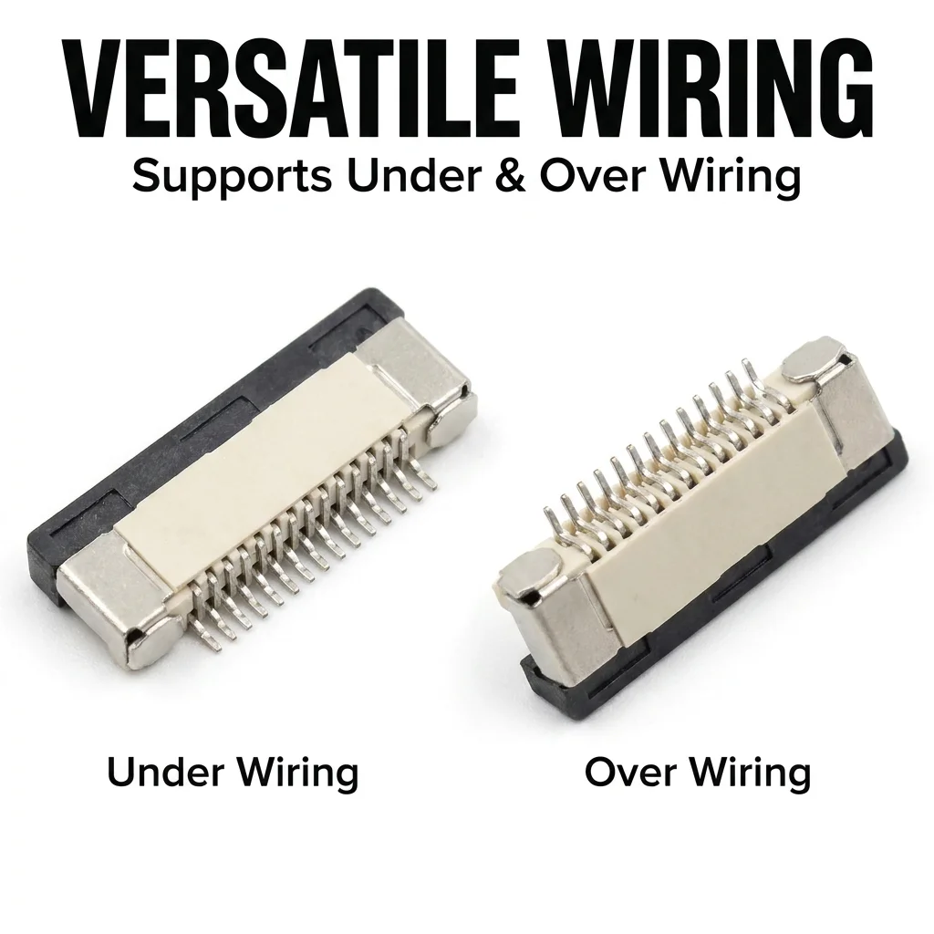 FPC/FFC connector, suitable for 4-64 pins, spacing of 0.3-2.54 mm, horizontal/vertical, SMT,Bomtom thimble.